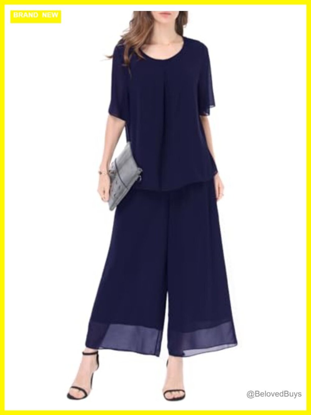 Women's 2 Piece Chiffon Set Ruffle Blouse Wide Leg Pants Pantsuit